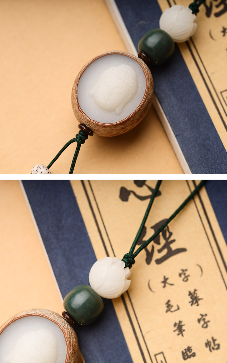 厂家供应带皮白玉菩提根雕刻观音弥勒佛手机钥匙吊坠钥匙扣挂件详情5