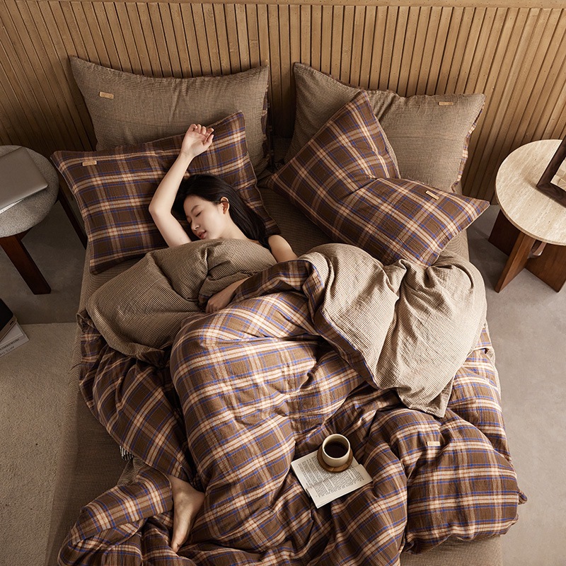 All-cotton Class A double-layer yarn four-piece set, double-layer yarn quilt cover and bed sheet four-piece set, pure cotton double-layer yarn checkered four-piece set pic 36