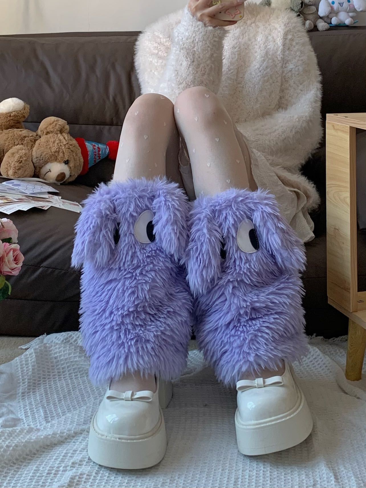 原创Y2K怪怪眼毛绒时尚保暖袜套毛毛腿袜保暖加厚腿套堆堆袜脚套详情7