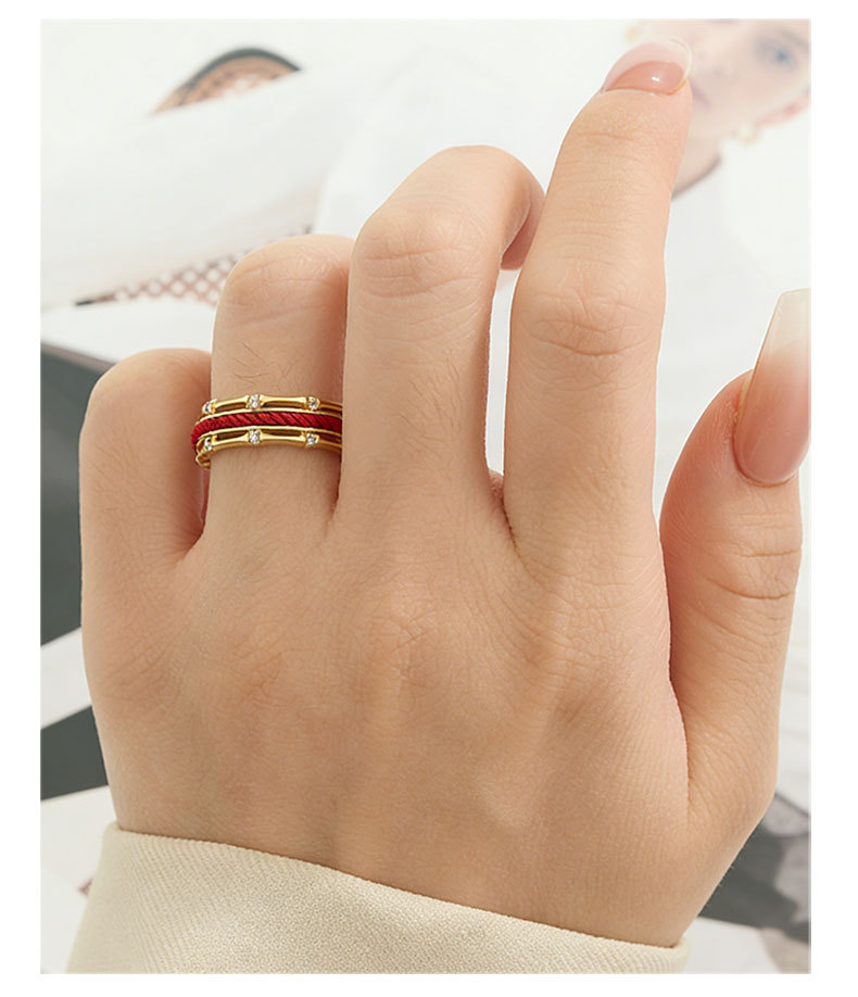 Light luxury Chinese-style red string bamboo joint open ring, copper alloy real gold electroplated with zircon, adjustable index finger ring pic 8