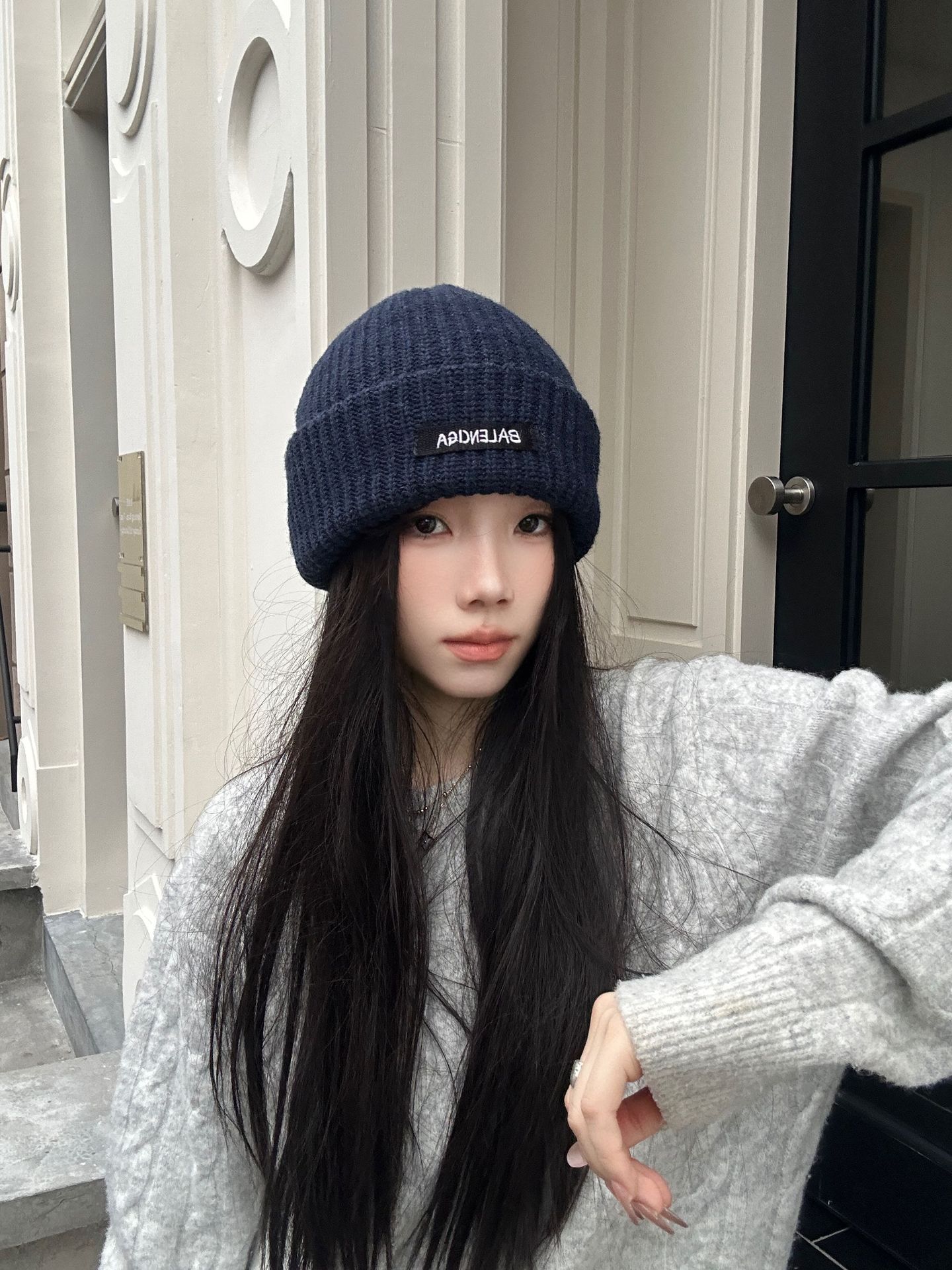 Autumn and winter versatile fabric label knitted cap, thickened headband to show off face, small woolen cap for cold protection and warmth, ear-protecting headband, cold cap pic 2