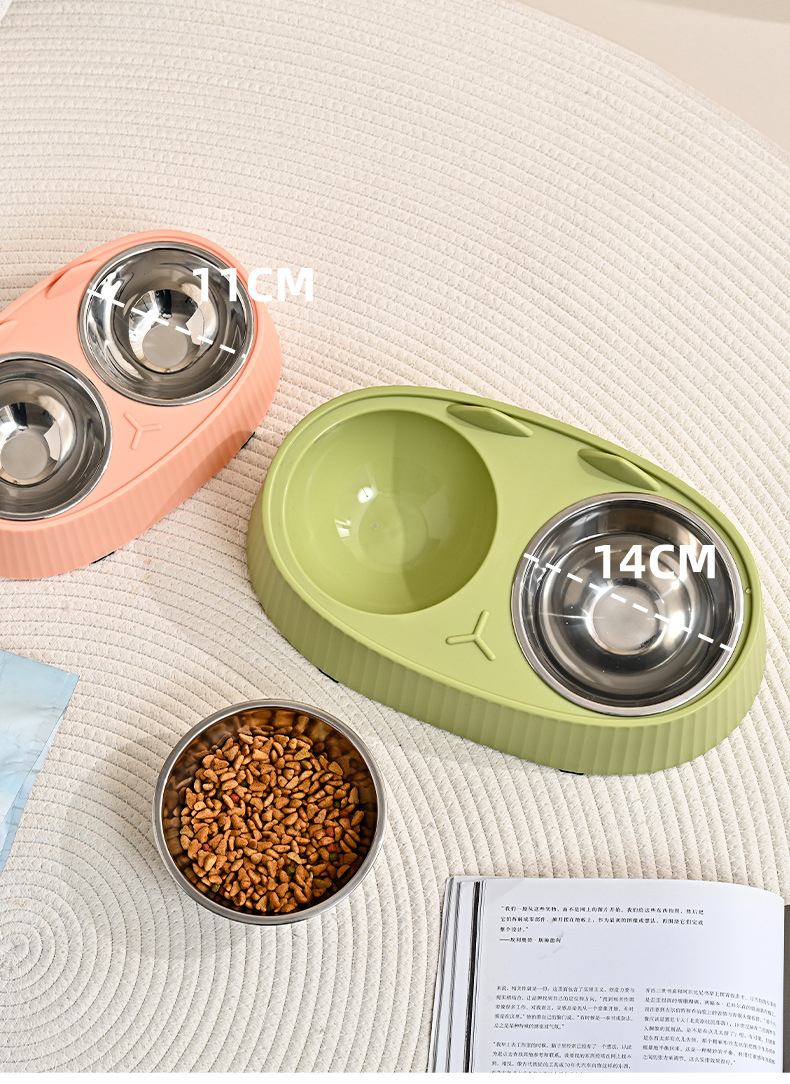 Pet stainless steel double-bowl dog food set, large-capacity dog bowl, anti-slip and anti-knock cat bowl, cervical spine protection pet supplies pic 11