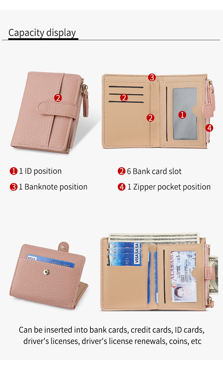 新款女士钱包短款跨境时尚卡包女高级感气质两折多卡位拉链零钱包详情8