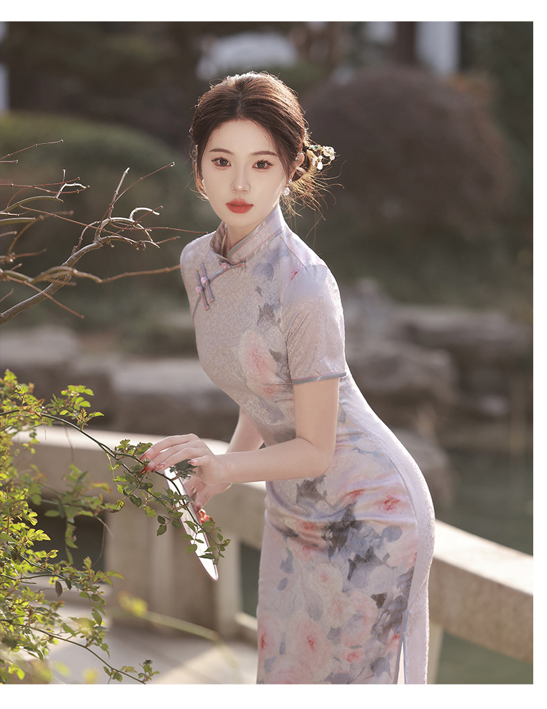 国潮仟金公主双层提花丝绸修身显瘦气质改良年轻款长款走秀旗袍连衣裙详情13