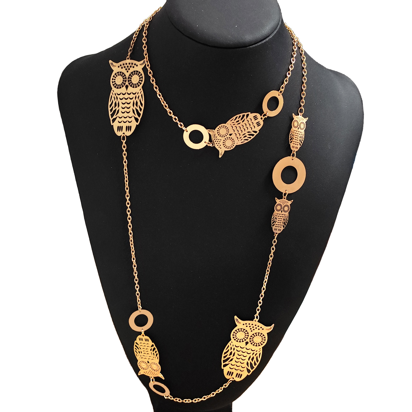 European and American cross-border fashion oval-shaped flower sweater necklace, high-end circular owl necklace, design sense waist chain pic 1