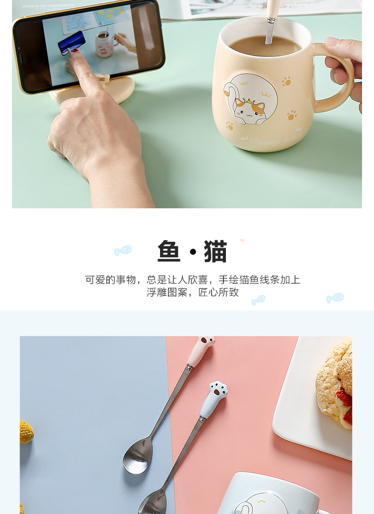 Cat-shaped mugs with LIDS, ceramic cups, creative, personalized and trendy office cartoon ins home coffee cups pic 3