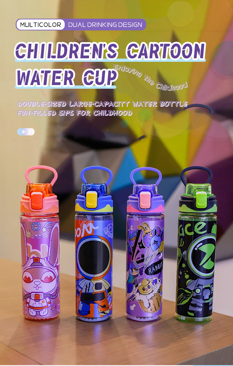 厂家直供新款儿童运动塑料水杯卡通设计吸管杯户外便携大容量水杯详情1