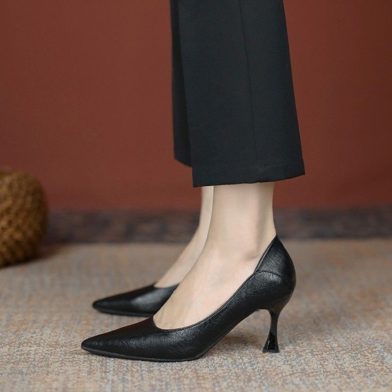 Soft leather, not tiring to the feet, high heels, soft leather, soft soles, thin heels, pointed toe, black comfortable professional single shoes for women pic 4