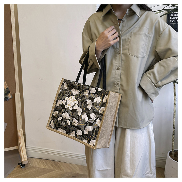 韩版文艺女包新款潮高颜值大容量棉麻时尚上班通勤手提袋便当包包详情33