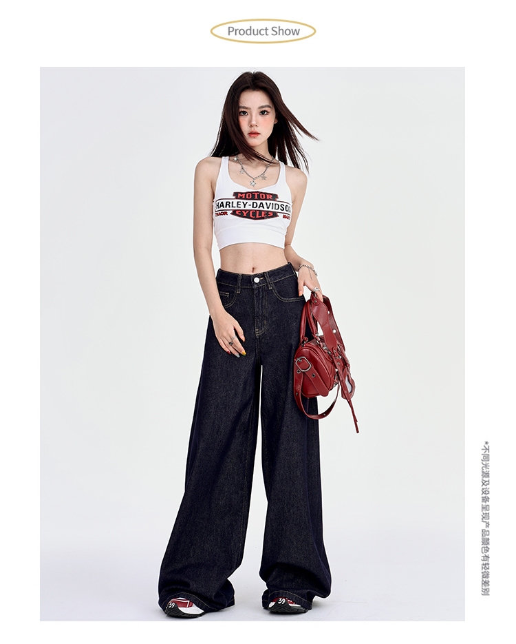 深蓝美式宽松阔腿牛仔裤女2025年夏季新款垂感慵懒休闲拖地直详情3