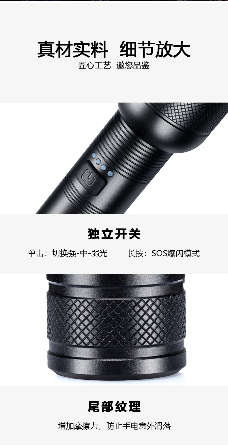 跨境新款XHP50强光手电筒铝合金户外电量显示USB充电伸缩变焦详情15