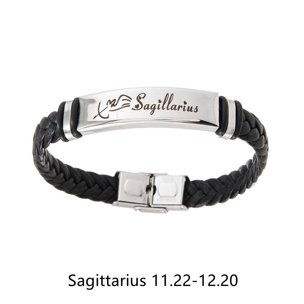 TEMU European and American cross-border personalized 12 zodiac leather woven stainless steel bracelet, elegant black accessory bracelet pic 5