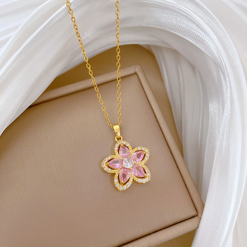 【钛钢】粉色五瓣花满钻轻奢气质华丽满钻项链女百搭锁骨链钛钢详情15