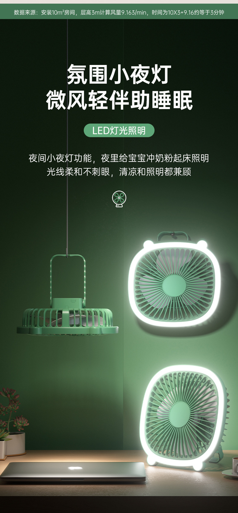 Desktop lamp lighting fan, home USB rechargeable wall-mounted electric fan, outdoor portable and suspended circulating fan pic 5