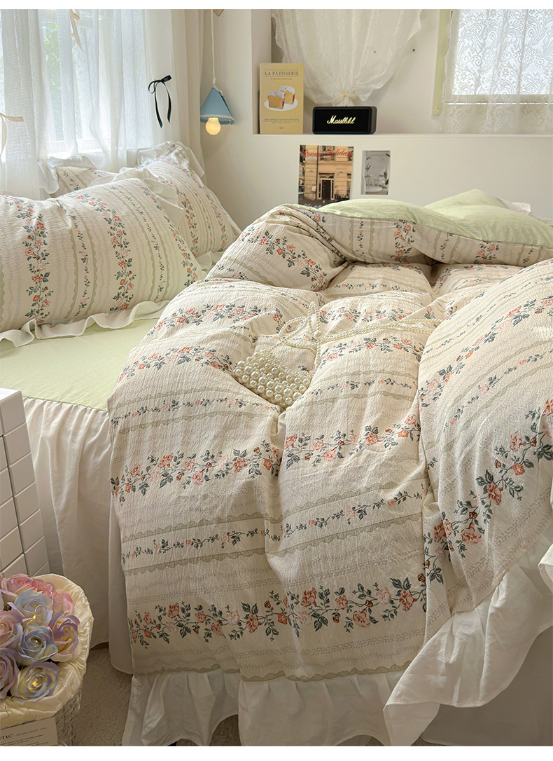 French romantic princess-style lace washed cotton four-piece set, small floral skin-friendly quilt cover, dormitory three-piece set, bed skirt style pic 39