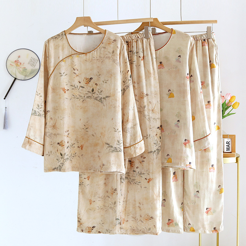 New Chinese-style ancient-style pajamas for women in spring and summer, thin bamboo and cotton Chinese-style Hanfu long-sleeved set for home wear, suitable for outdoor wear pic 3