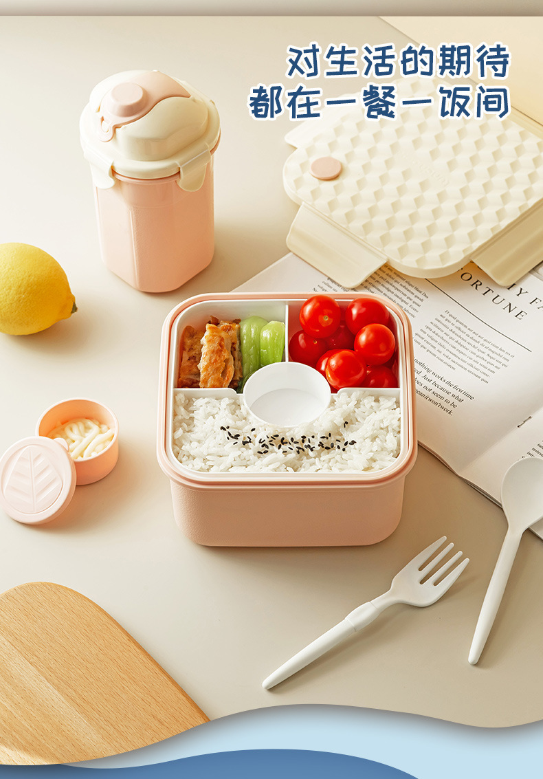 A plastic lunch box with a diamond-shaped lid, a student lunch box with a fork and spoon, and a microwave-safe bento box pic 7