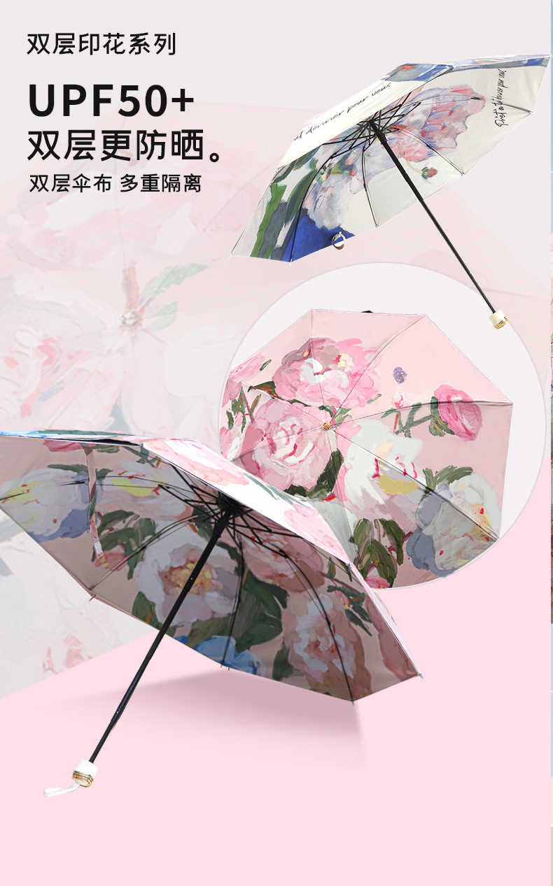 三折黑胶双层伞双面花伞防晒防紫外线遮阳伞太阳伞女油画伞晴雨伞详情2