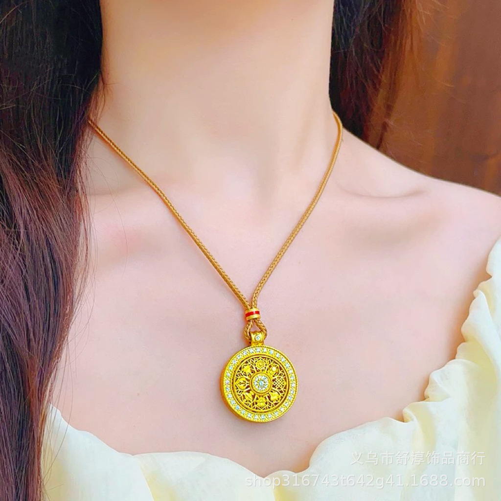 Long-lasting and colorless Vietnamese sand gold diamond-encrusted auspicious eight treasures compass and ruyi rope necklace, rotatable pendant sweater chain for women pic 12