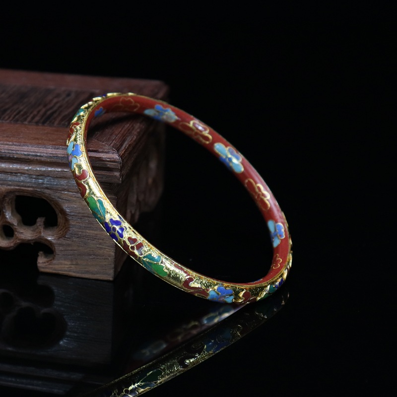 Beijing Cloisonne vintage collectibles, classical ethnic style copper body cloisonne enamel jewelry No. 7 flat gold base bracelet pic 6