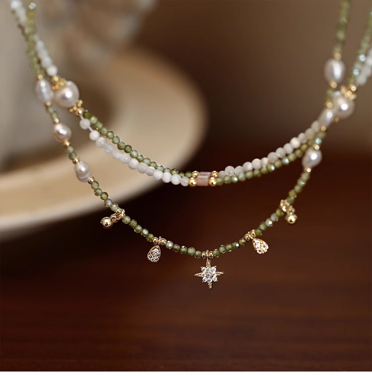 橄榄绿锆石串珠天然巴洛克淡水珍珠项链女轻奢小众锁骨链颈链饰品详情4