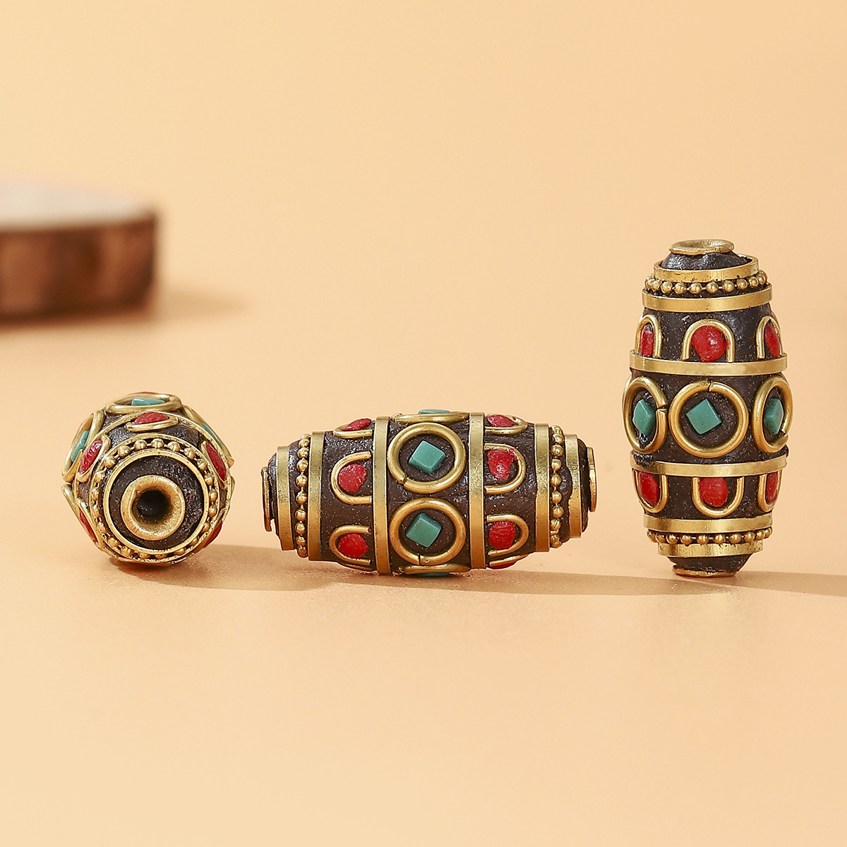 Tibetan-nepalese brass handcrafted beads, retro ethnic style DIY jewelry, with partition beads and bucket beads set with red and blue turquoise pic 4