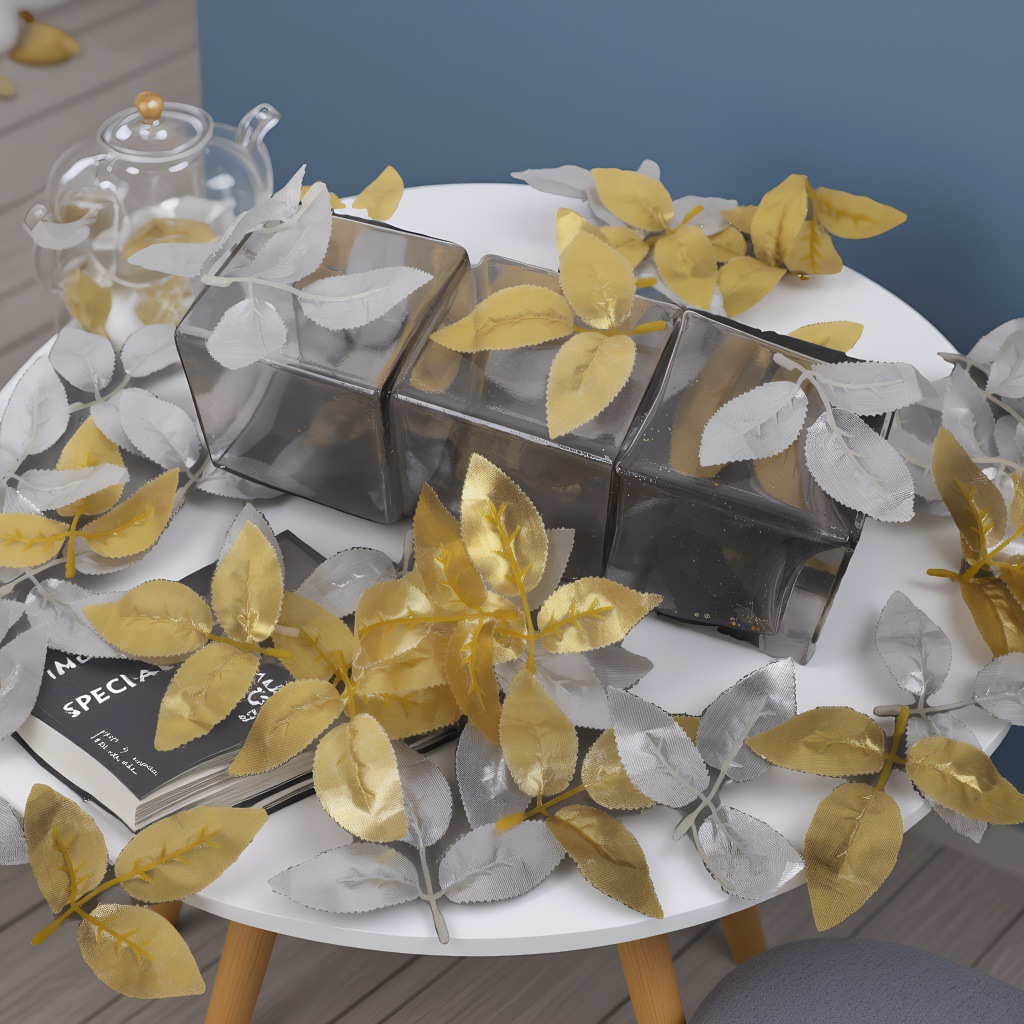 跨境专供金布丝印玫瑰叶金玫瑰叶银玫瑰叶丝花配件人造假花仿真叶详情2