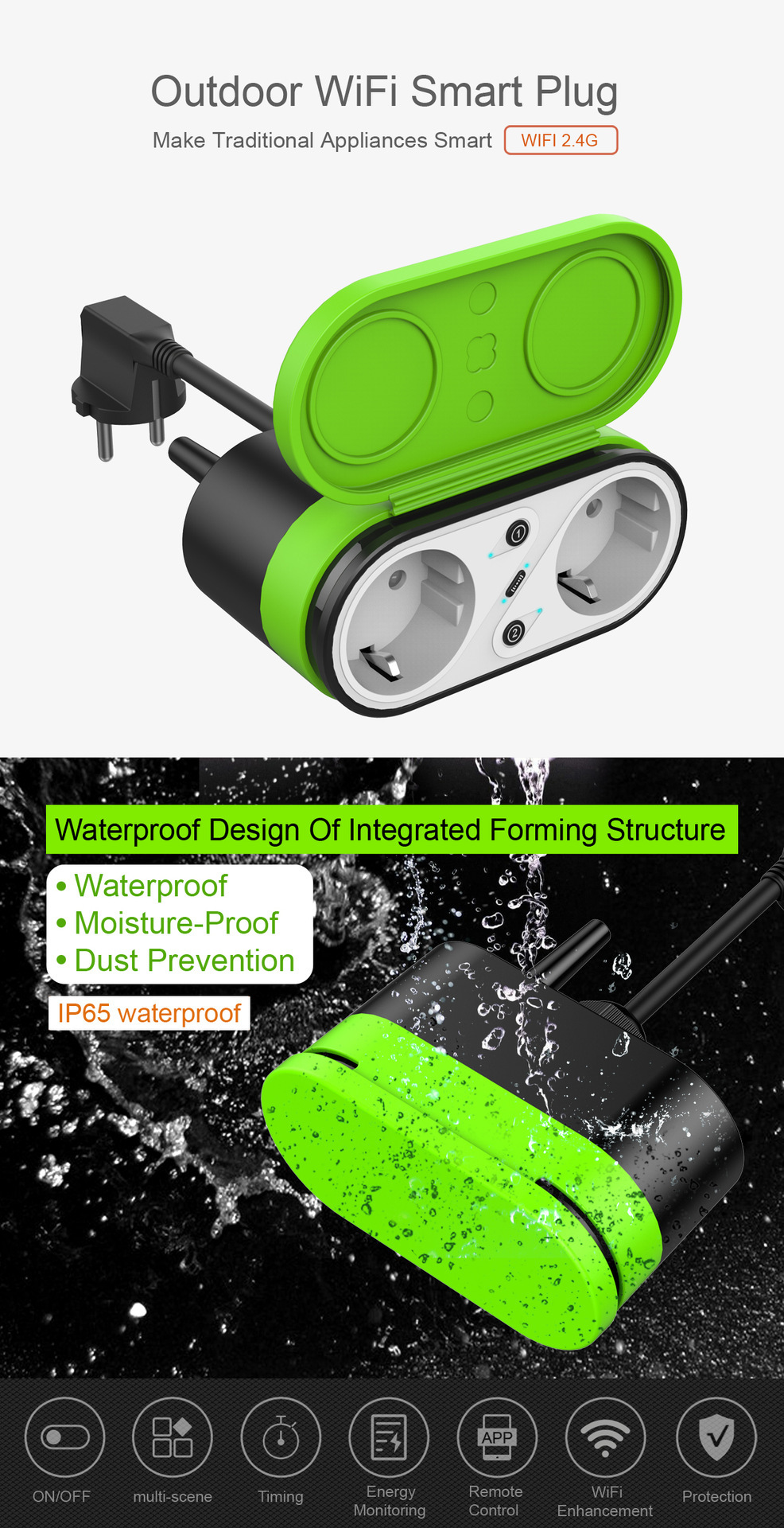 Green shell EU outdoor smart dual-plug socket with USB charging port pic 1