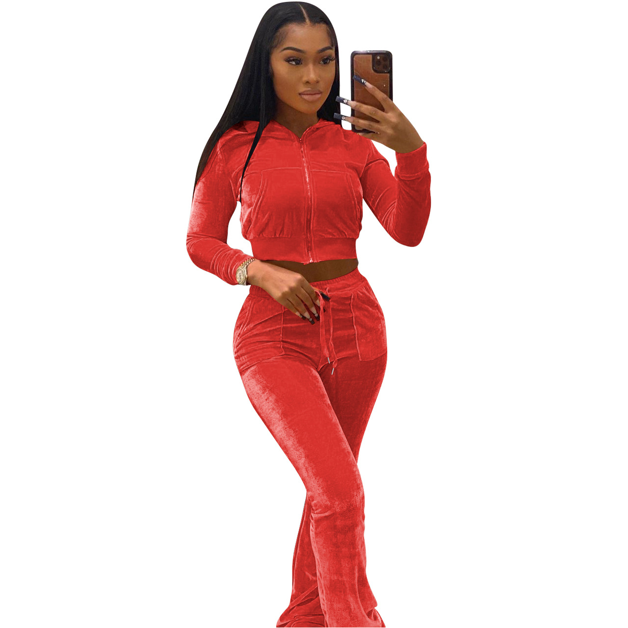 Solid color gold velvet wide-leg pants two-piece set pic 196