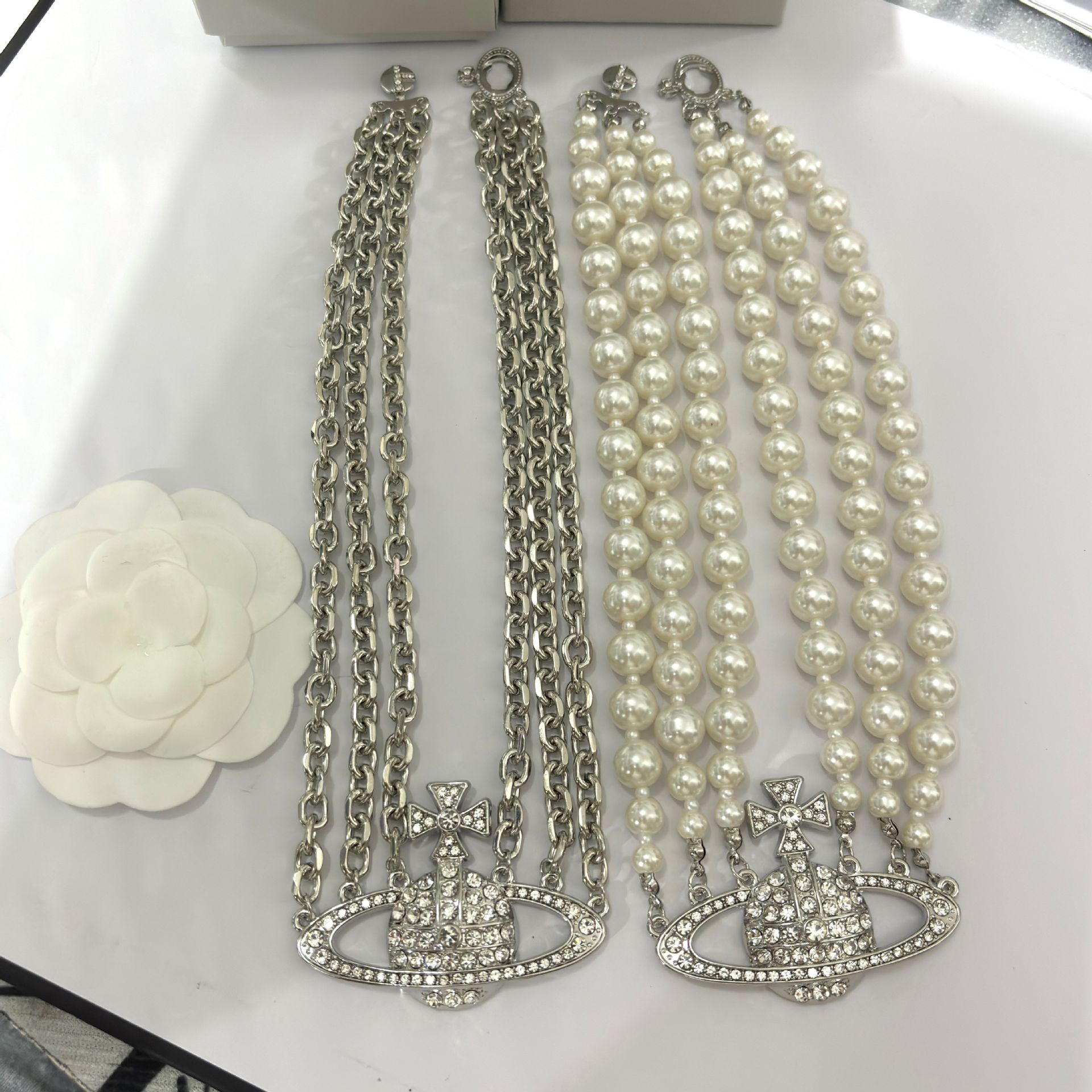 跨境爆款时尚复古三层亚克力珍珠满钻大土星项链夸张锁骨链颈链潮详情4