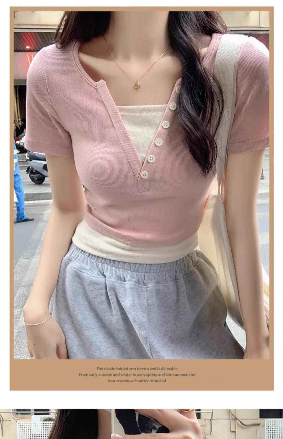 Pink V-neck off-the-shoulder T-shirt for women, short sleeve, new spring and summer style, two-piece design, slim and short, pure and sensual pic 3