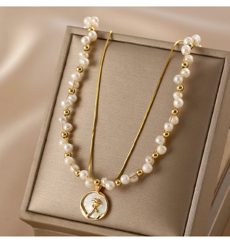 淡水珍珠双层叠戴链滴油玫瑰花项链交叉编织小颗粒淡水珍珠锁骨链详情7