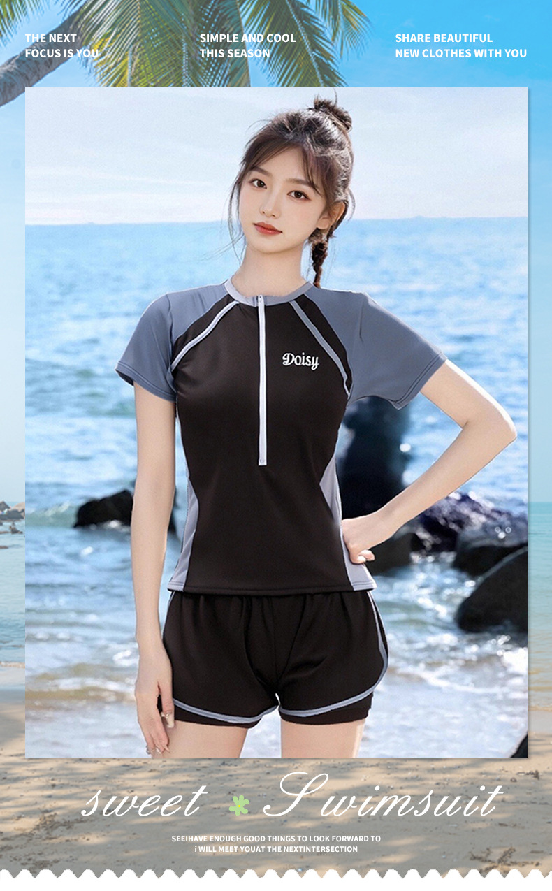 泳衣女新款爆款休闲运动风保守短袖游泳衣学生遮肚显瘦度假泳装-028443详情3