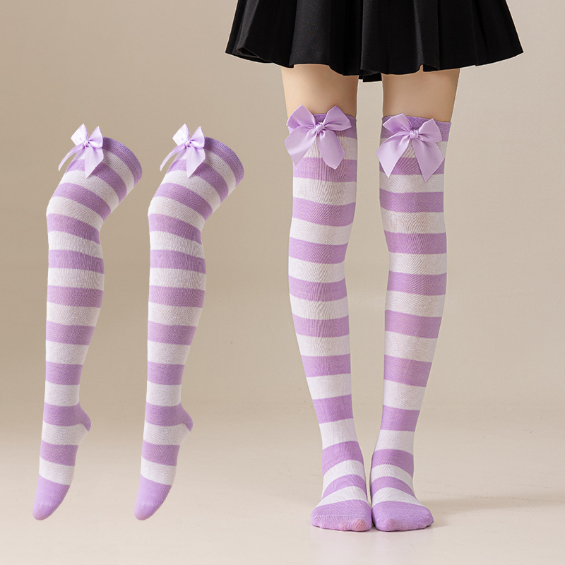 New European and American Halloween and Christmas knee-high socks, single-color striped thigh-high socks with bows, available in multiple colors pic 13