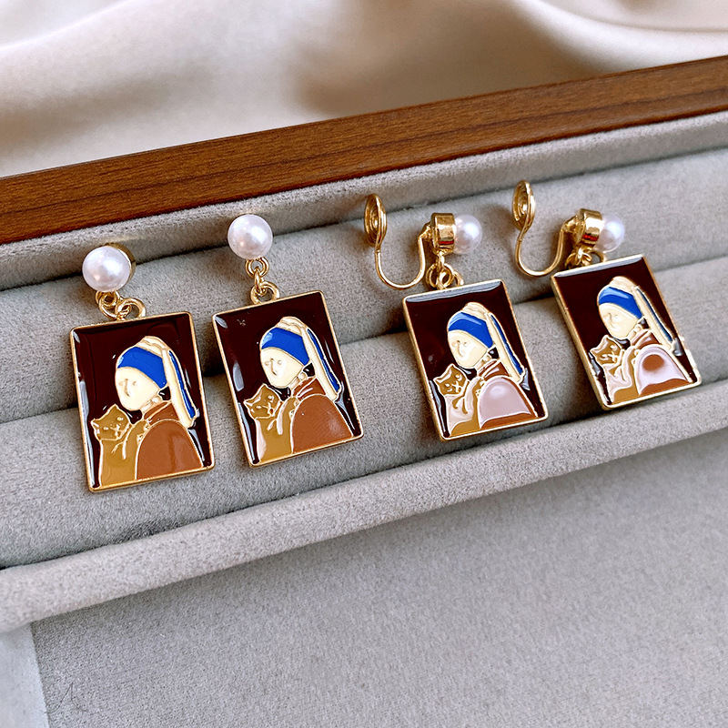 银针莫奈花园滴油女孩小猫珍珠款耳钉复古高级感耳环油画风耳饰女详情5