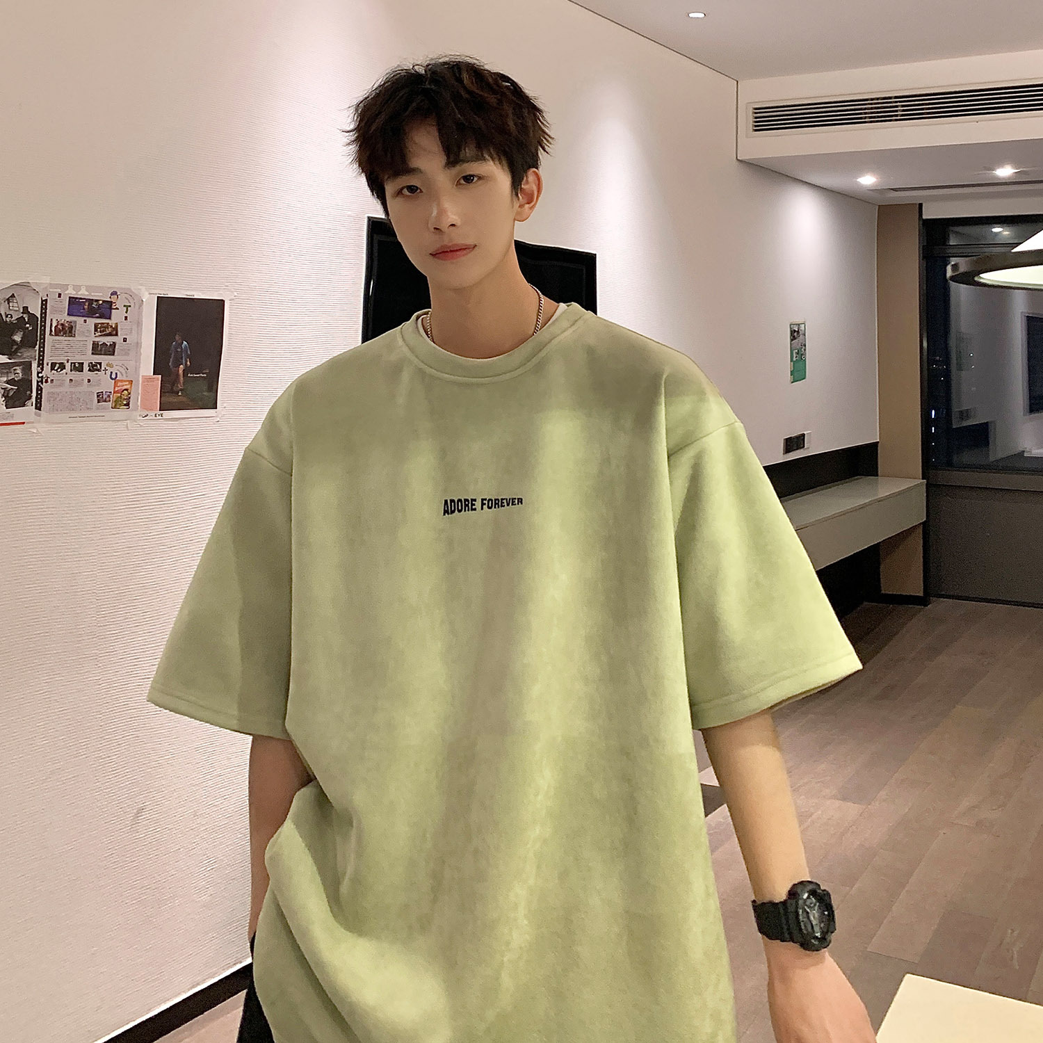 Avocado Green 320g heavyweight T-shirt for men, American retro suede short-sleeved, oversized small collar, three-quarter sleeve pic 1