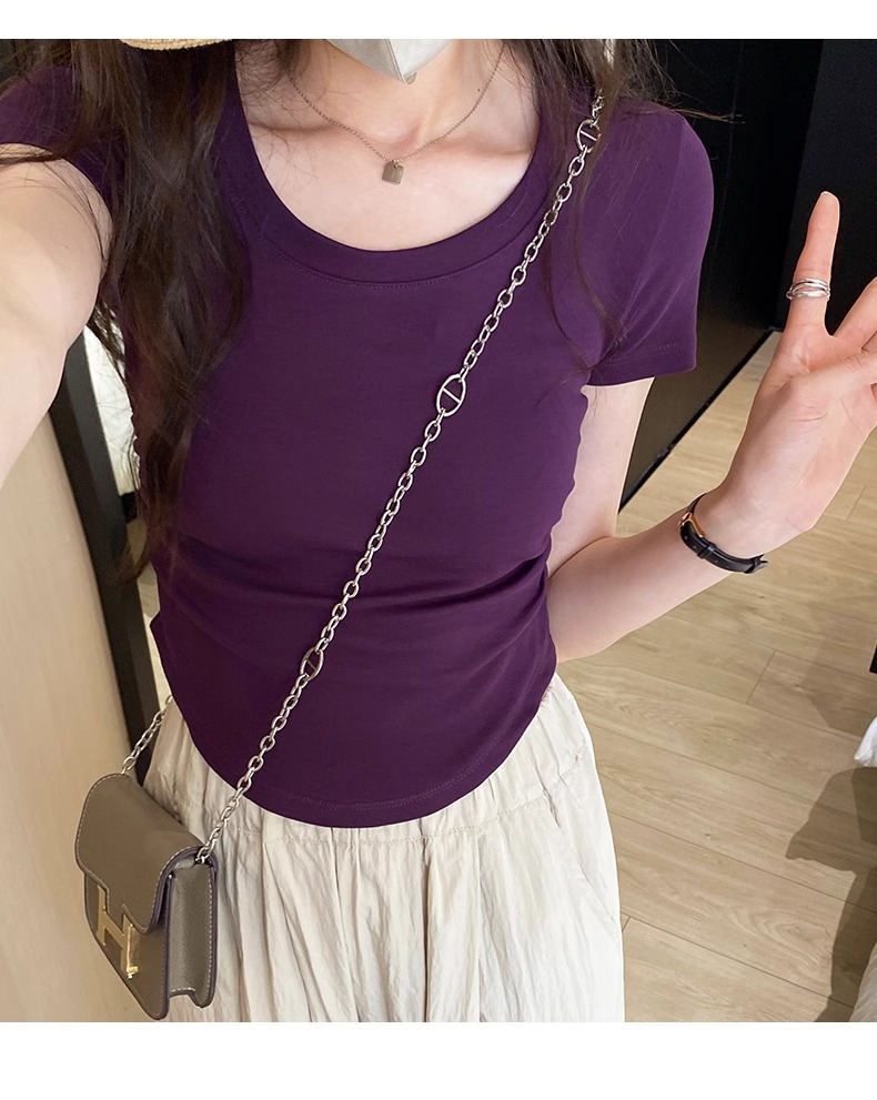 辣妹正肩紧身短袖T恤女 2025夏季新款直播显身材 茶艺风格低领紫色上衣 女式T恤青春时尚潮流详情10