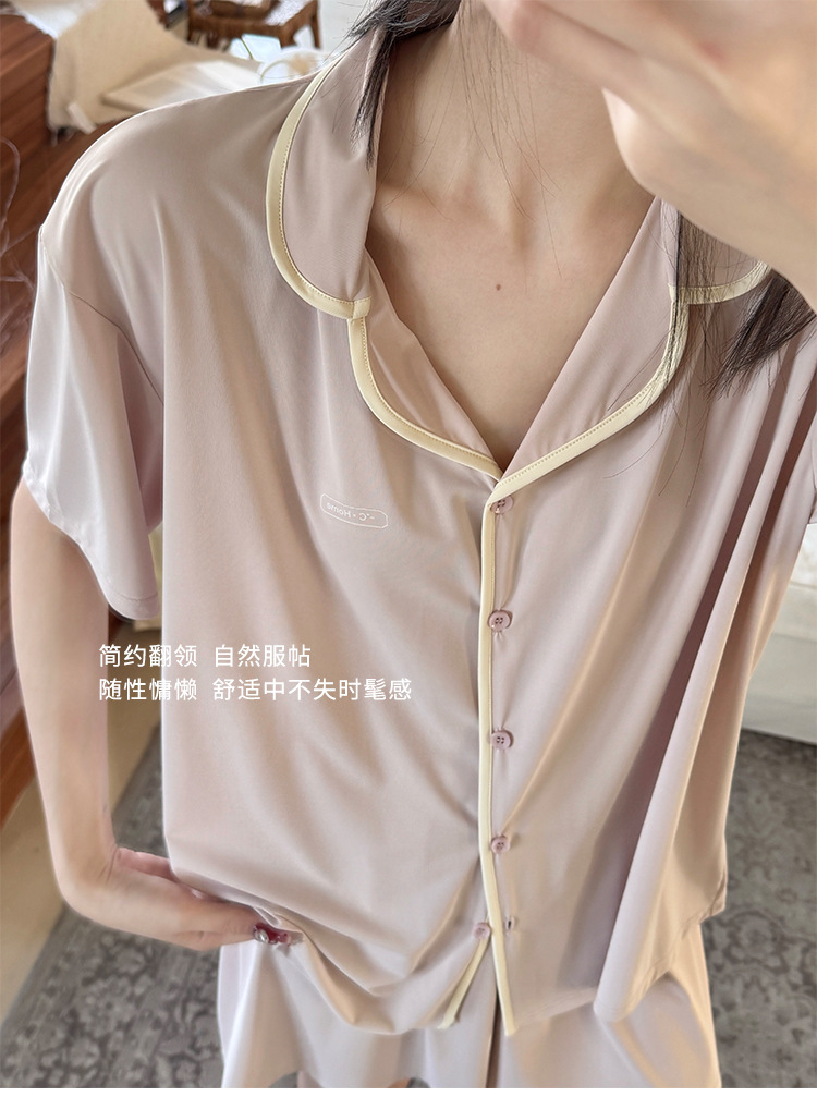 A two-piece set of casual wear for women in the original color ice leather, a summer pajama set with a cool and contrasting color, featuring new short-sleeved shirts and shorts pic 16