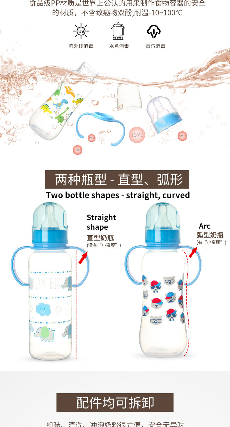 标口有柄PP奶瓶250ml新生儿婴儿奶瓶防胀气塑料宝宝奶瓶 厂家批发详情9
