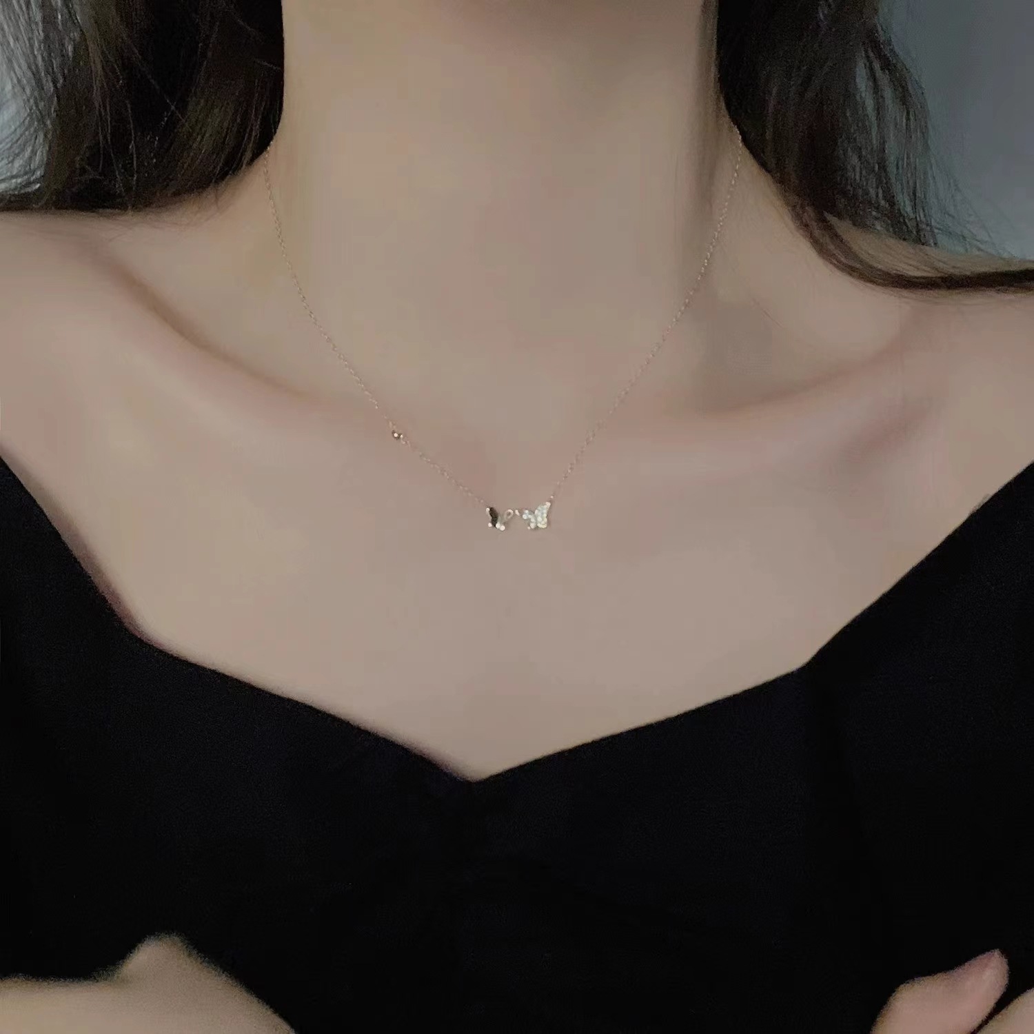 S925纯银双蝴蝶项链镶钻镀18K金ins轻奢气质高级感跨境热卖新款详情6