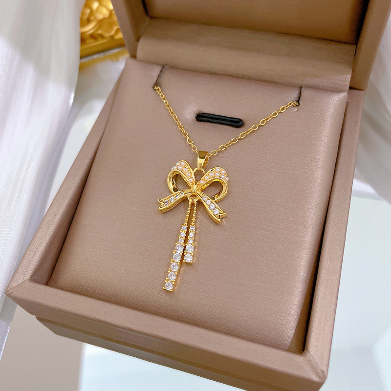 【钛钢】项链耳环套装轻奢满钻蝴蝶结流苏个性气质宴会耳饰项饰组详情8