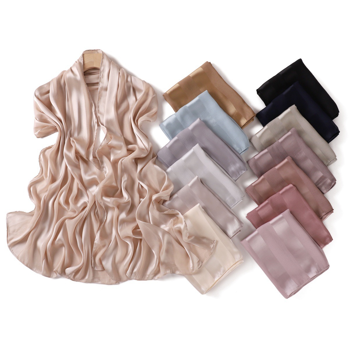 百搭宽条纹镂空纯色缎面长巾丝滑柔软透气仿真丝女包头巾旅行披肩详情14