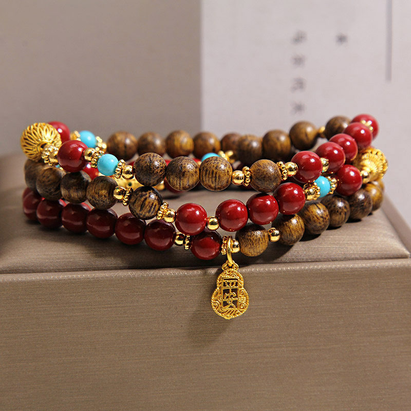 Agarwood multi-circle bracelet, new Chinese-style light luxury, retro ethnic style, purple gold sand peace gourd, wealth attraction bracelet and jewelry pic 3