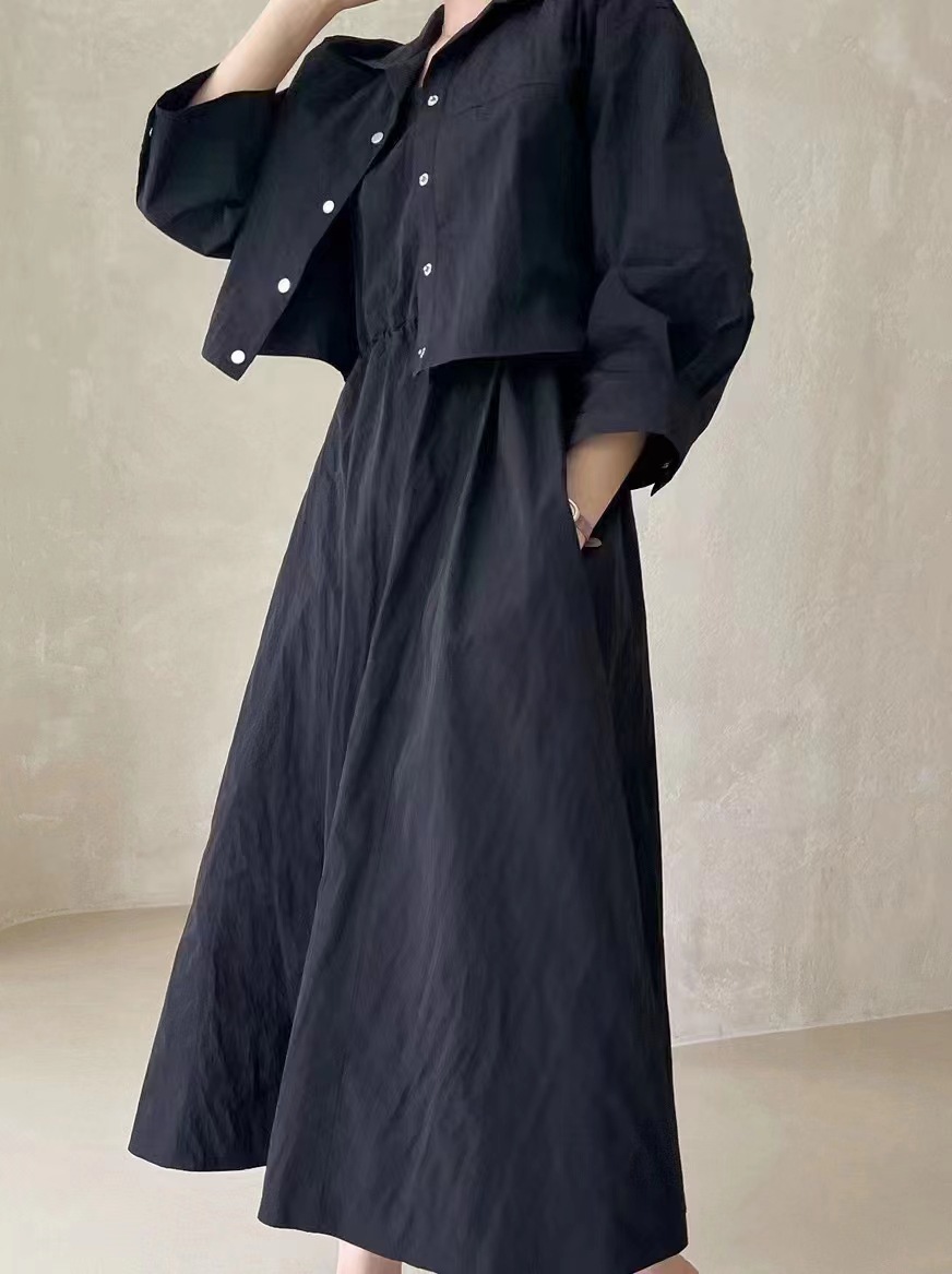 Cross-border Japanese style in-stock 2023 lapel long-sleeved top + sleeveless dress two-piece set pic 1