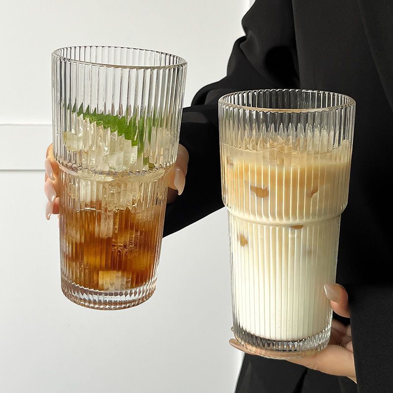 Free shipping, Ins-style glass cup, high appearance level, straw cup, large-capacity vertical pattern water cup, cold drink, juice and coffee cup with lid pic 9