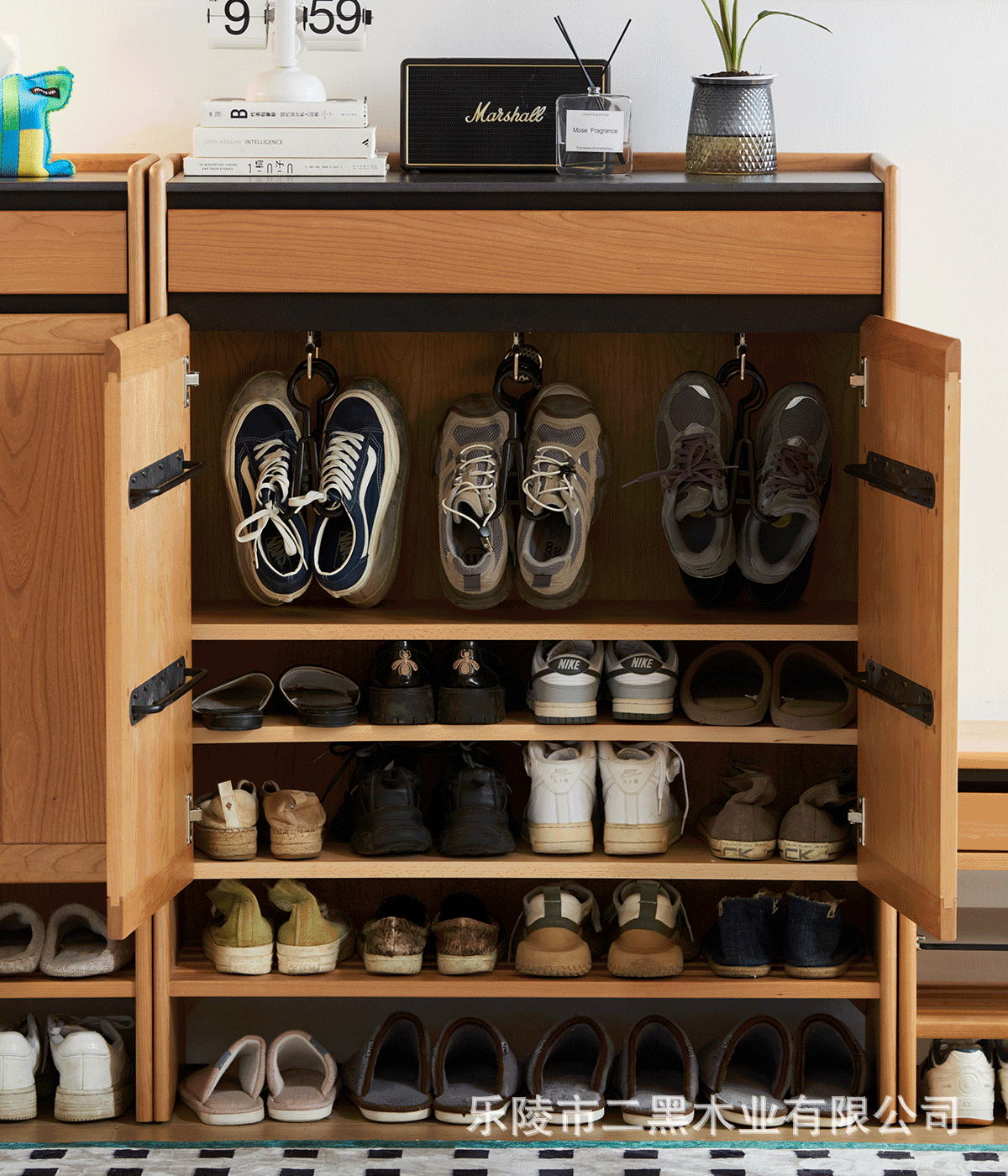 二黑木业实木鞋柜门口超薄置物柜岩板日式樱桃木入户大容量玄关柜详情9