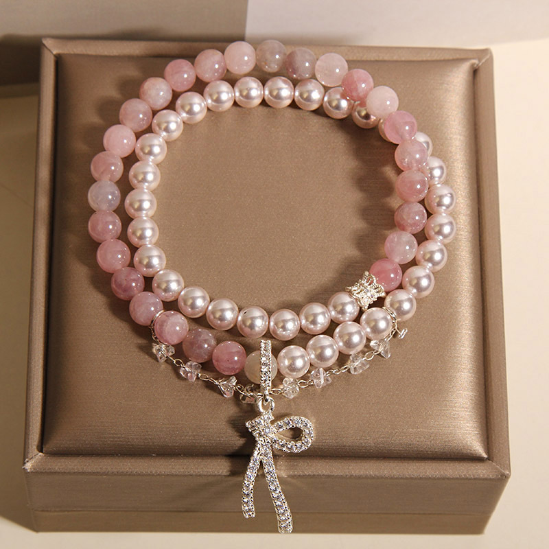 New Chinese-style pearl bow double-loop bracelet for women, light luxury, niche, exquisite and high-end pink crystal bracelet for best friend pic 2