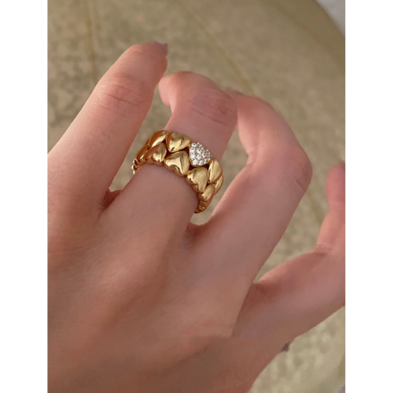 芳伶同款爱心戒指新中式中古镀18K金镶钻双层叠拼小众桃心指环女详情1