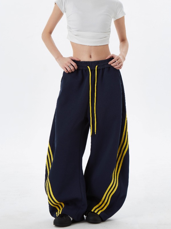 美式街头条纹撞色阔腿裤卫裤男女复古松紧抽绳垂感休闲运动裤详情3
