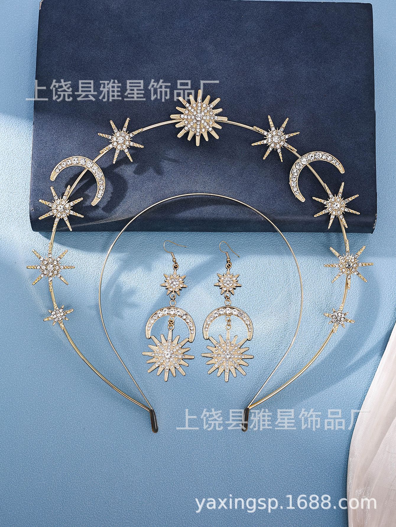Moda europea y americana diosa del sol doble cabeza hoop hexagrama estrella luna aleación de cristal hoop pelo barroco accesorios pic 7